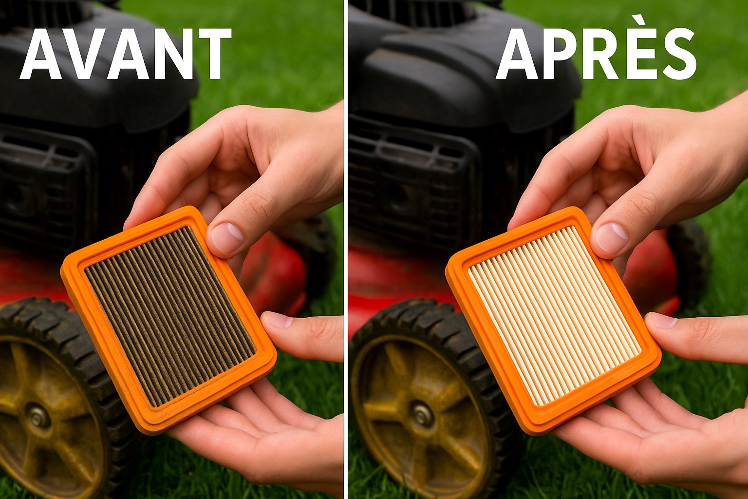 comparatif avant/après nettoyage du filtre à air de tondeuse